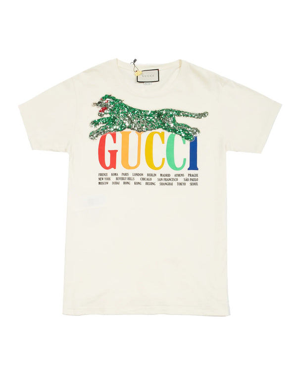 Gucci Cities Squin Tiger Embellished Cream T-Shirt
