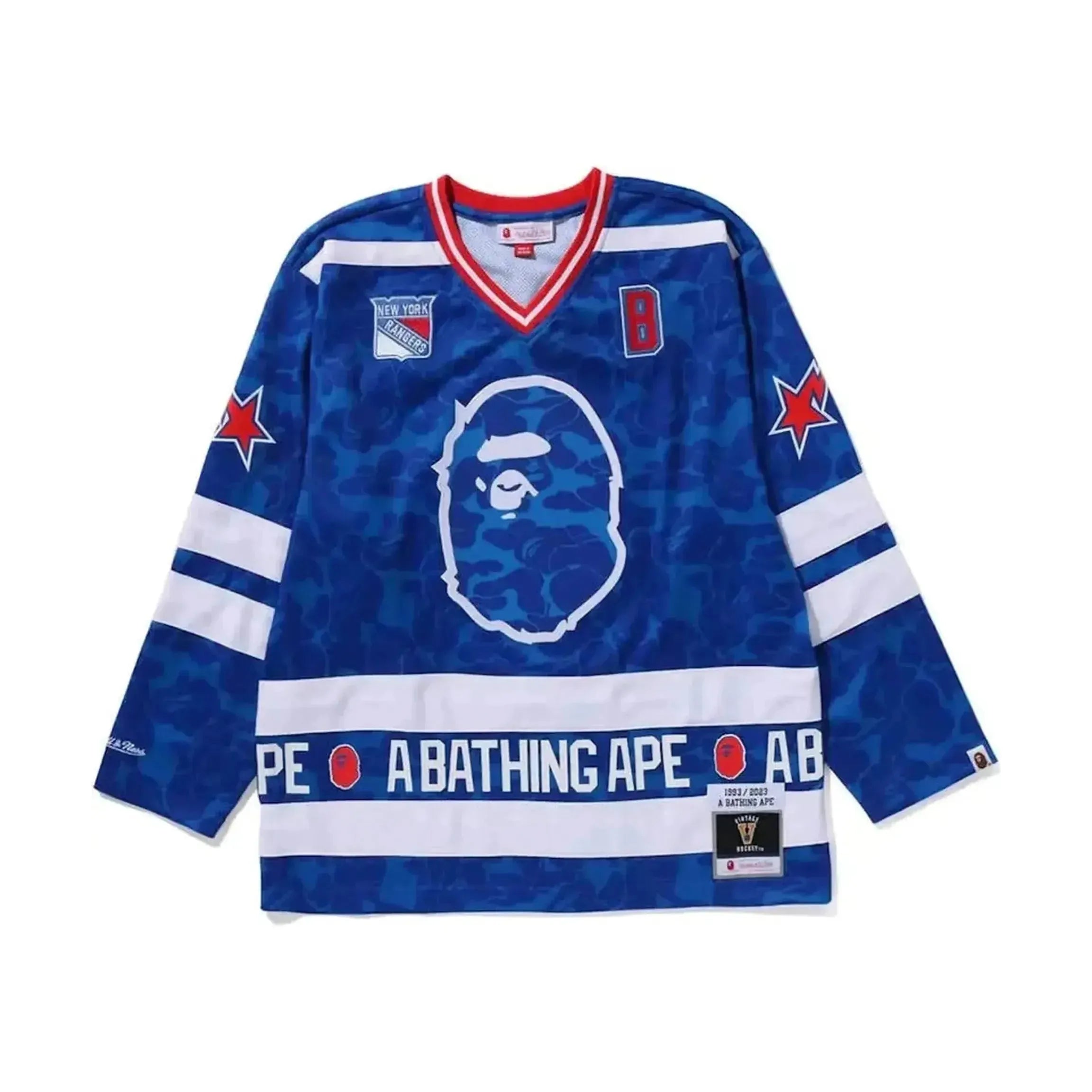 BAPE x Mitchell & Ness NHL New York Rangers Mesh Hockey Jersey L/S Tee Blue