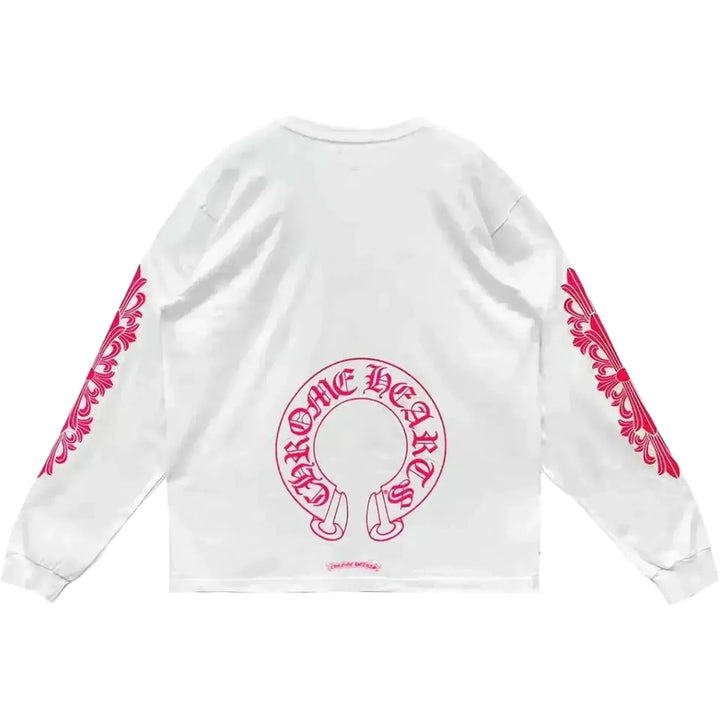 Chrome Hearts Pink Horseshoe Floral Long Sleeve T-shirt White