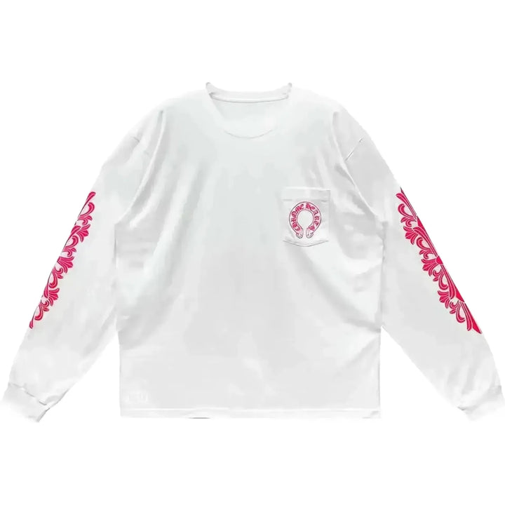 Chrome Hearts Pink Horseshoe Floral Long Sleeve T-shirt White