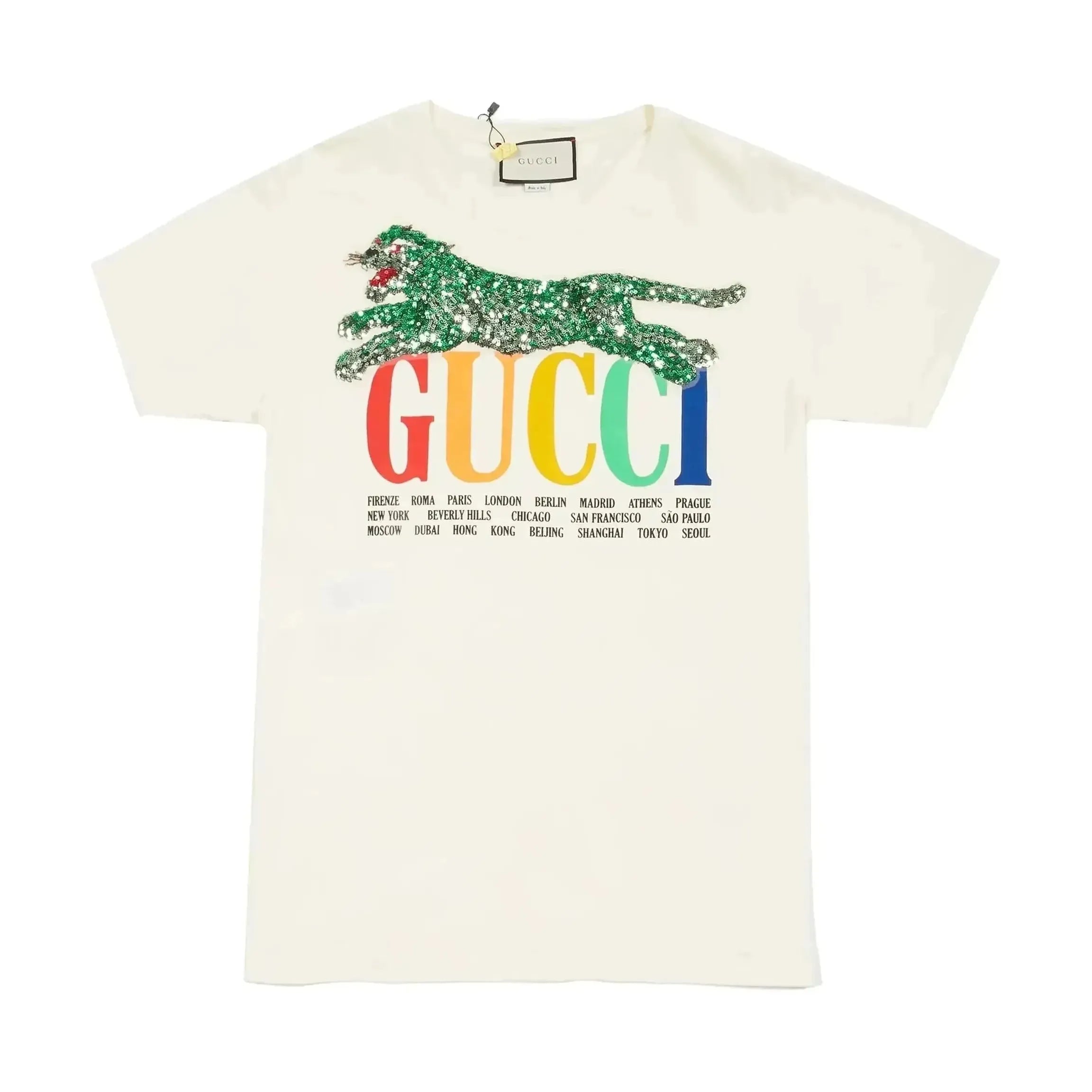 Gucci Cities Squin Tiger Embellished Cream T-Shirt