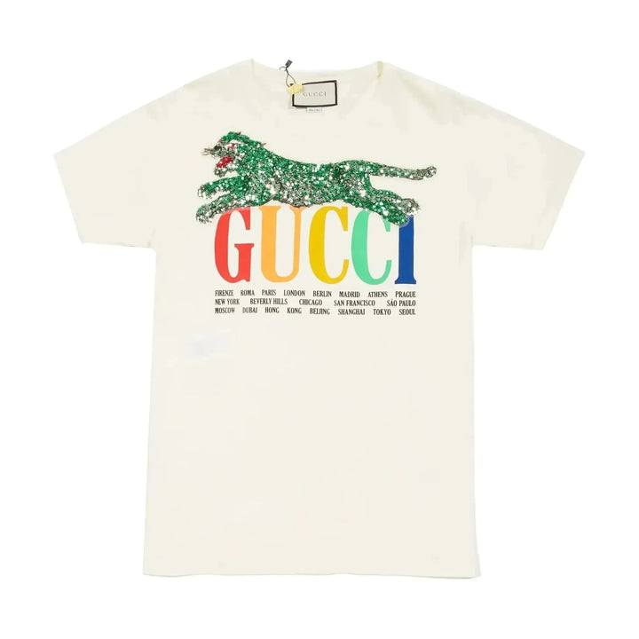 Gucci Cities Squin Tiger Embellished Cream T-Shirt