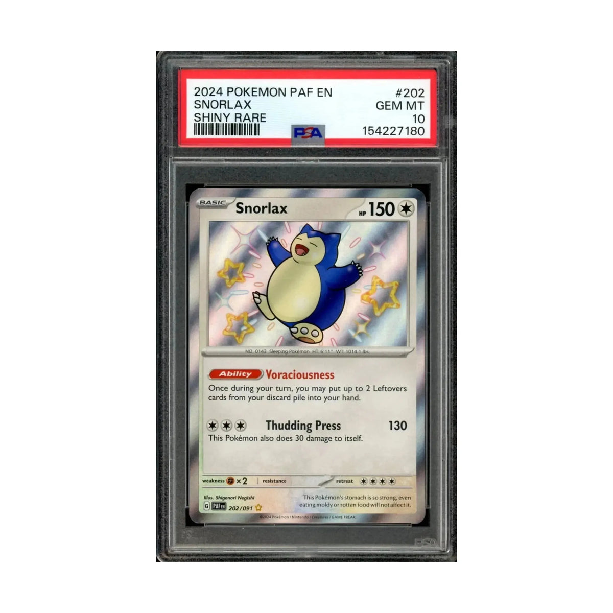 POKEMON 2024 PAF EN-PALDEAN FATES SHINY RARE #202 SNORLAX PSA 10