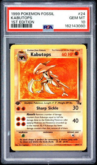 Pokemon 1999 PSA 10 Fossil 1st Edition Kabutops