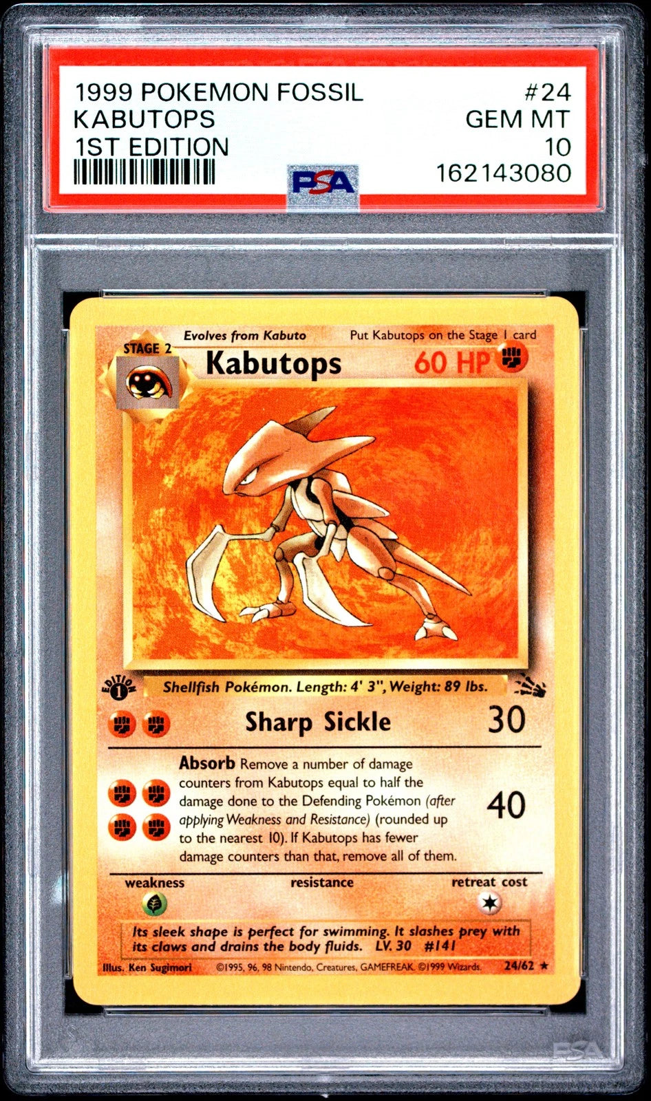 Pokemon 1999 PSA 10 Fossil 1st Edition Kabutops