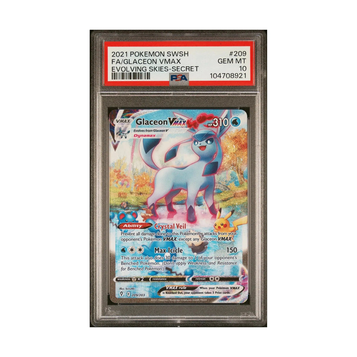 Pokemon 2021 SWSH FA/GLACEON VMAX PSA 10