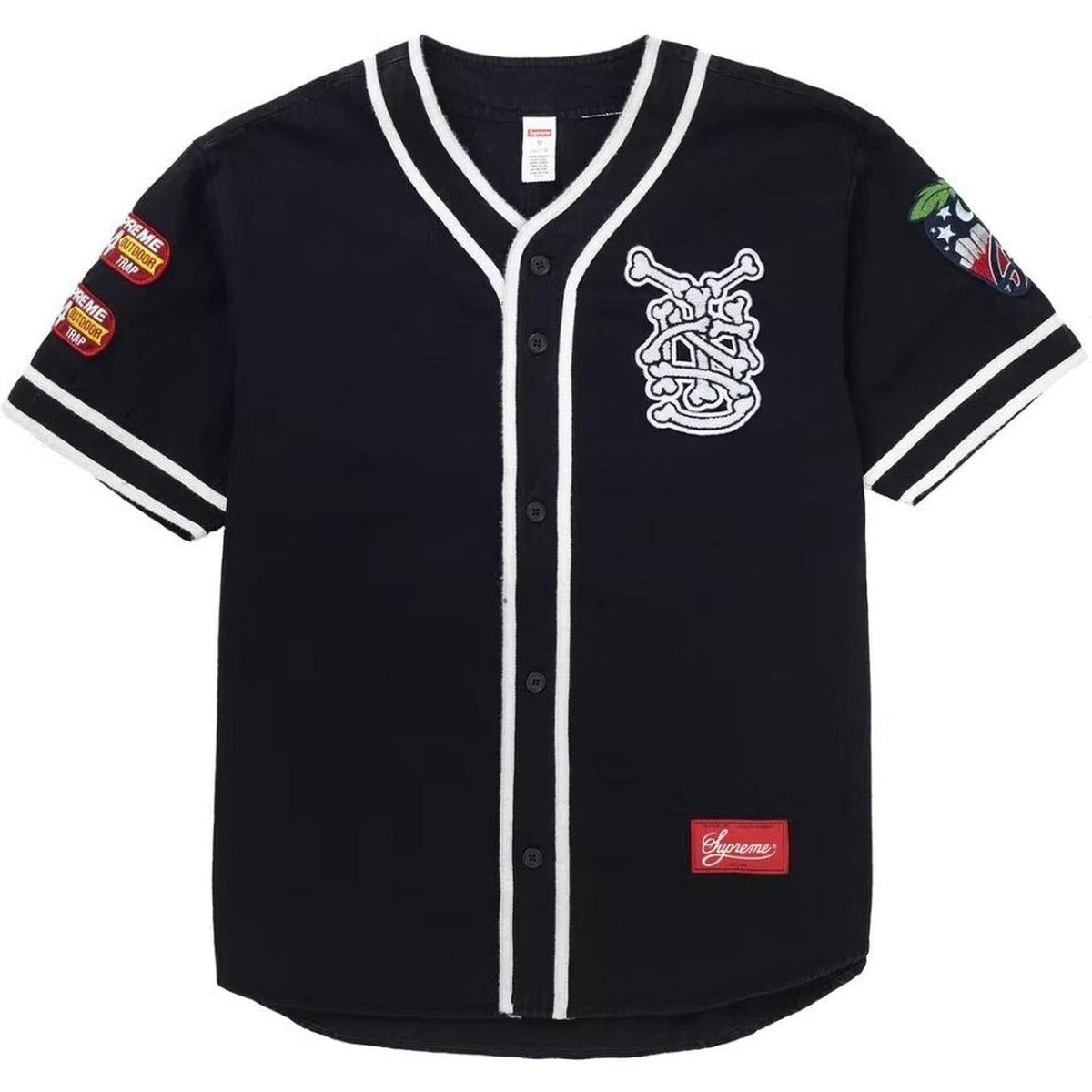 black Supreme Patches Denim Baseball Jersey