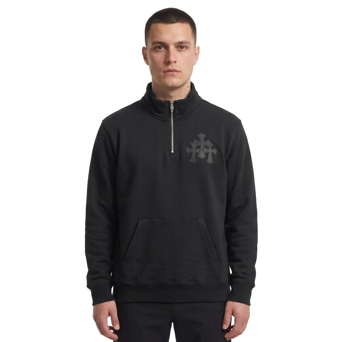 Chrome Hearts Paper Jam Cemetery Leather Triple Cross Quarter Zip Sweater Black
