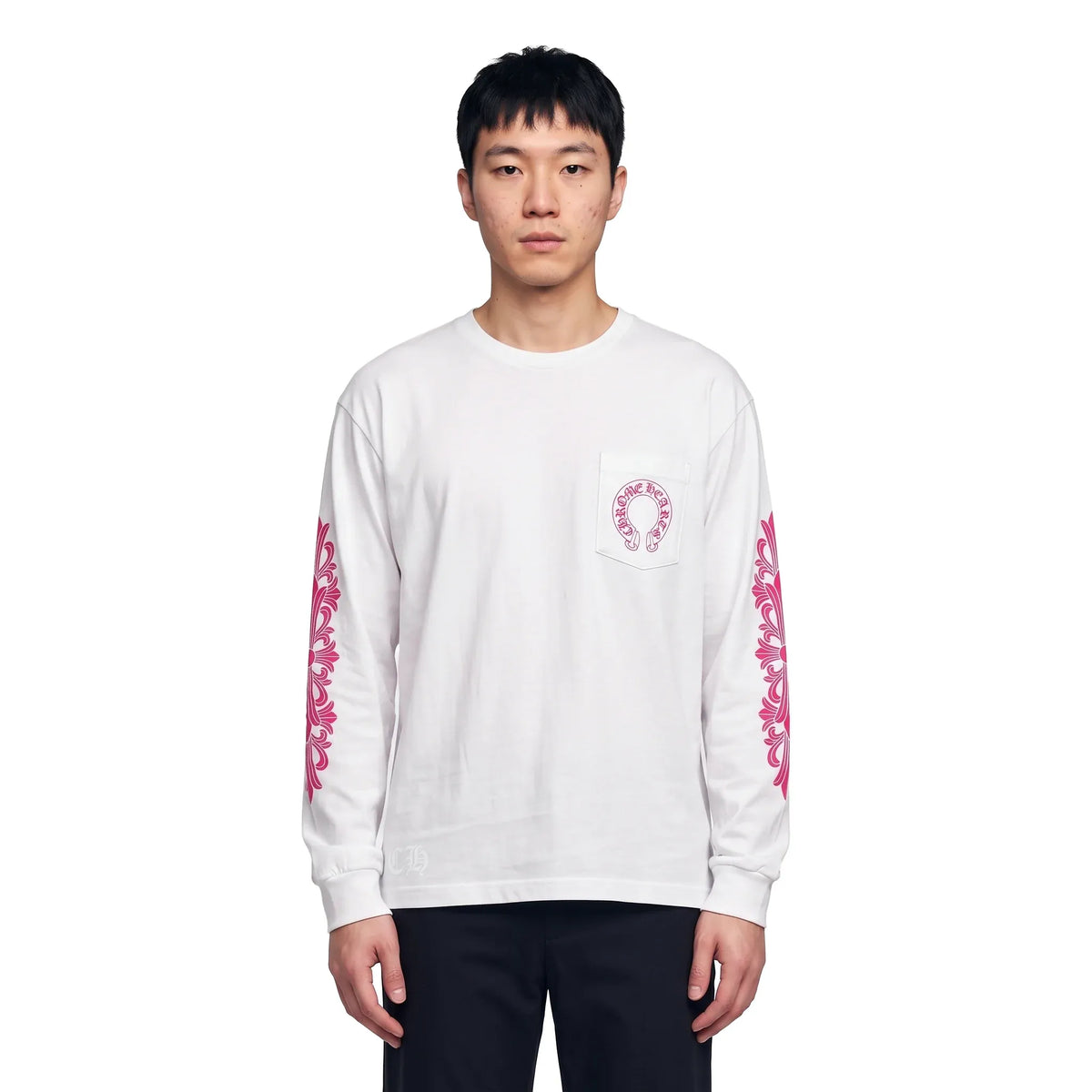 Chrome Hearts Pink Horseshoe Floral Long Sleeve T-shirt White