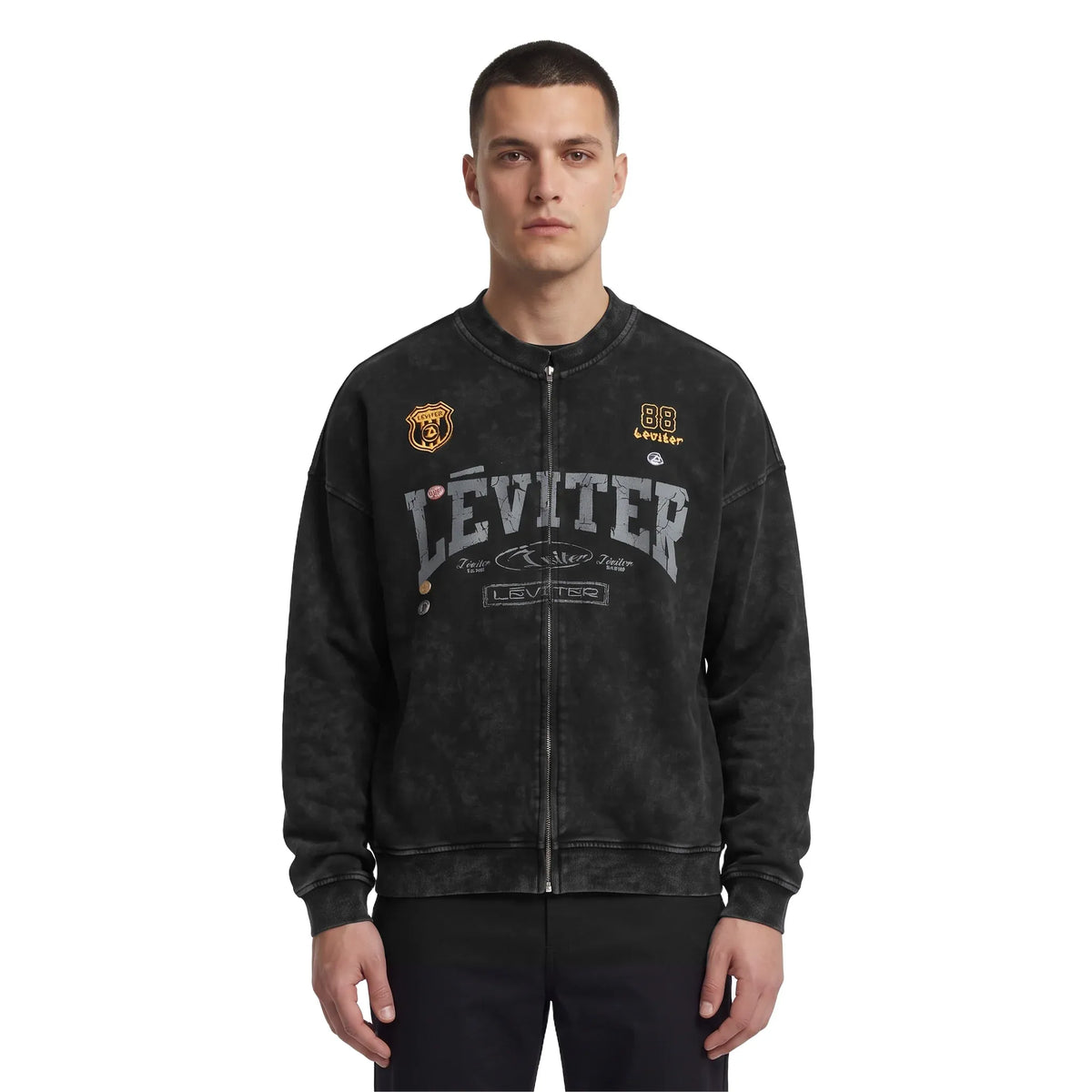 Léviter College Acid Wash Crewneck Zip-up Black