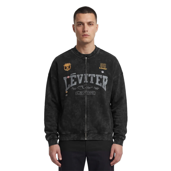 Léviter College Acid Wash Crewneck Zip-up Black