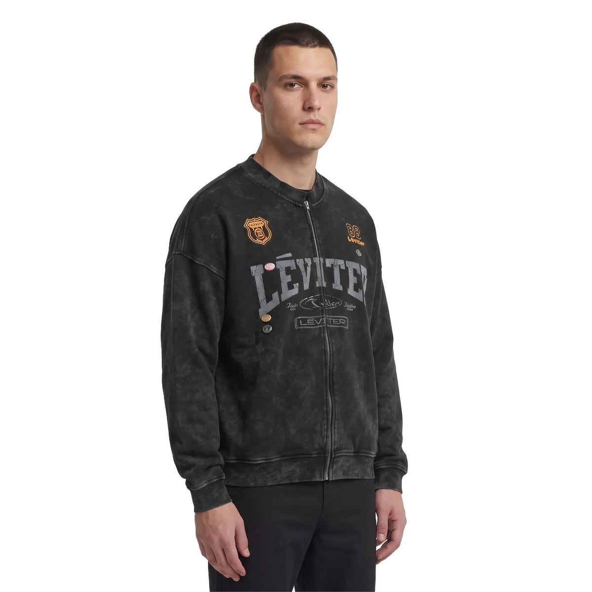 Léviter College Acid Wash Crewneck Zip-up Black