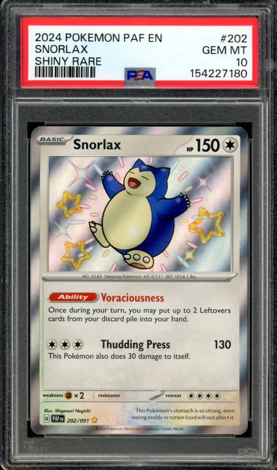 POKEMON 2024 PAF EN-PALDEAN FATES SHINY RARE #202 SNORLAX PSA 10
